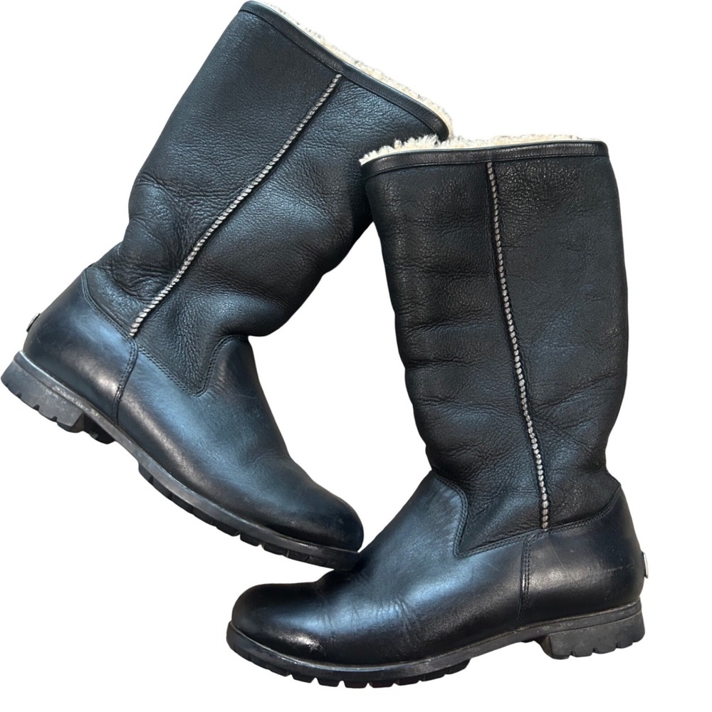 UGG Brooks Black Leather Sheepskin Shearling Lined Tall Boots Womens 9